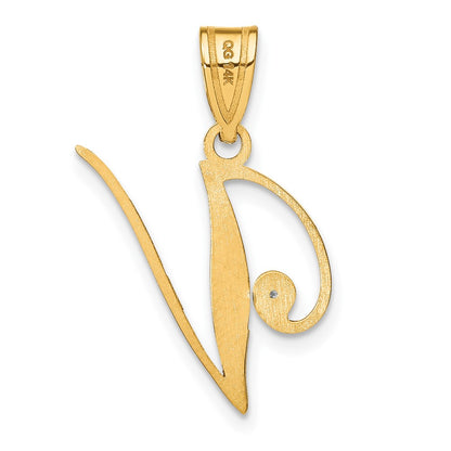 14K Yellow Gold Script Letter V Initial Pendant with Diamond