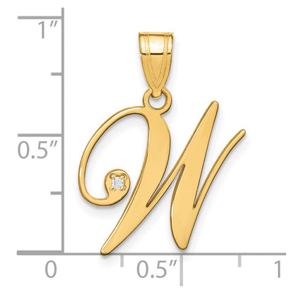 14K Yellow Gold Script Letter W Initial Pendant with Diamond