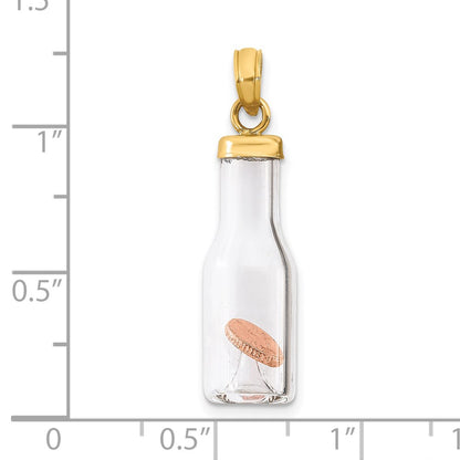 14k Yellow Gold 14k 3-D Mini Penny in Glass Bottle Pendant