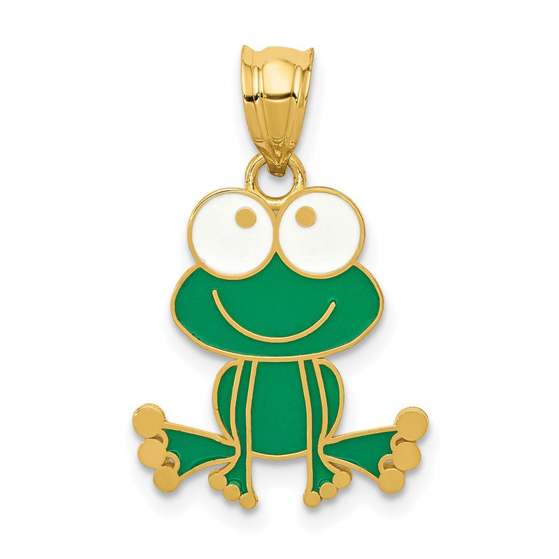 14k Yellow Gold 14k Green and White Enameled Frog