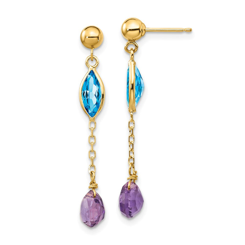14K Yellow Gold Amethyst And Blue Topaz Post Earrings