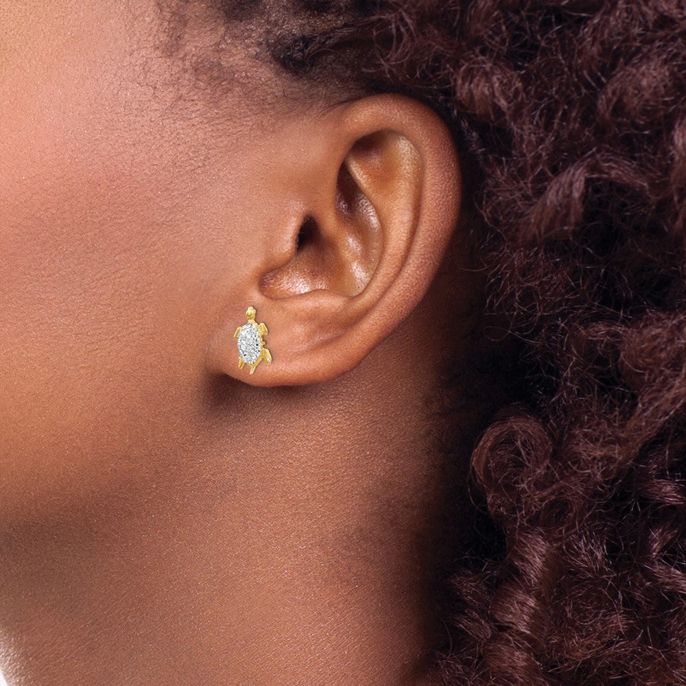 14K Yellow Gold Crystal White Turtle Post Earrings
