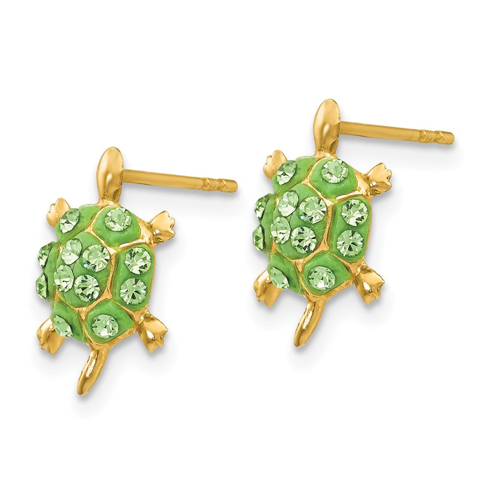 14K Yellow Gold Light Green Crystal Turtle Post Earrings