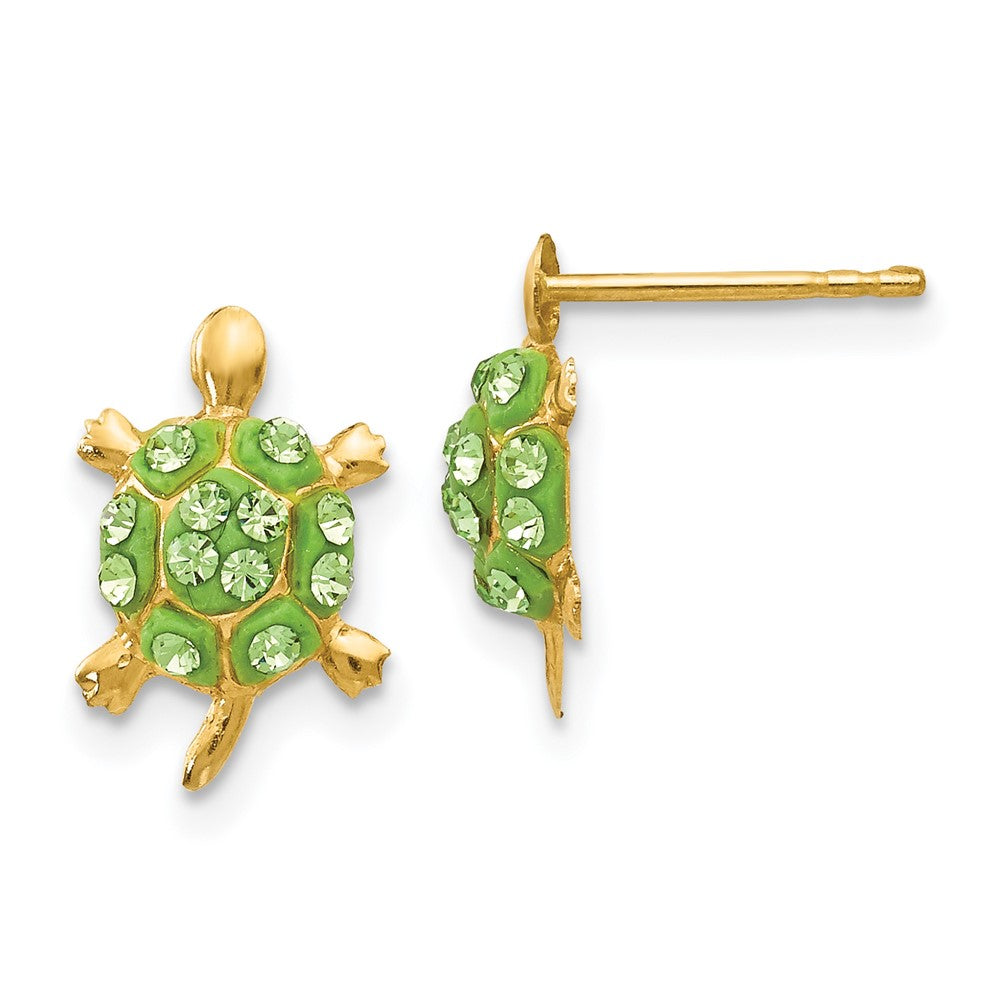 14K Yellow Gold Light Green Crystal Turtle Post Earrings