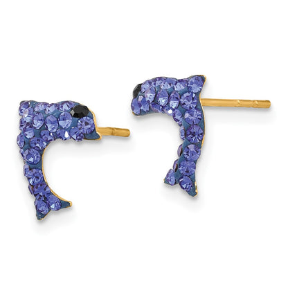 14K Yellow Gold Crystal Blue Dolphin Post Earrings