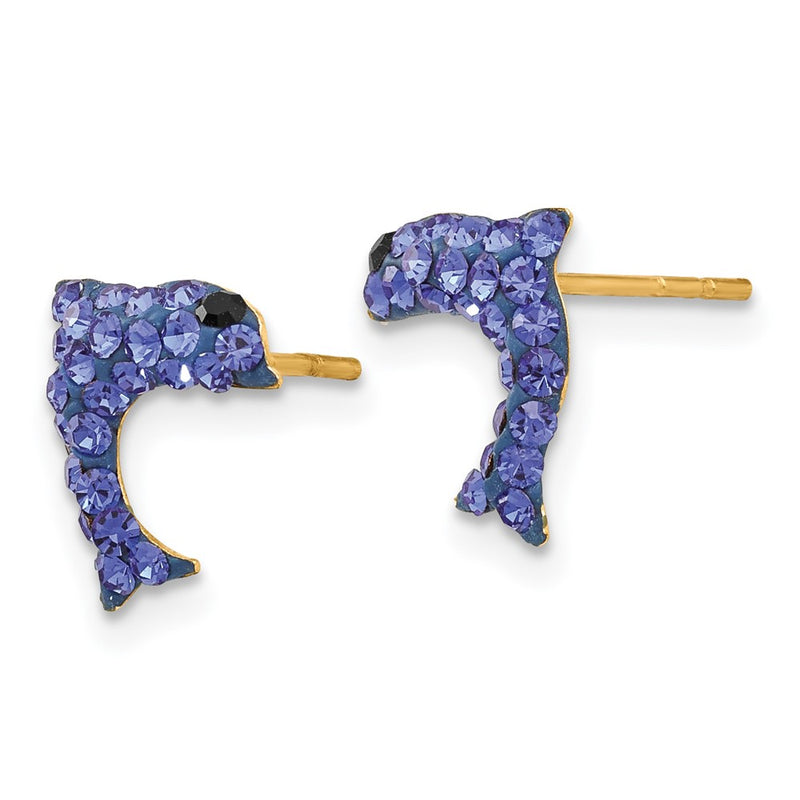 14K Yellow Gold Crystal Blue Dolphin Post Earrings
