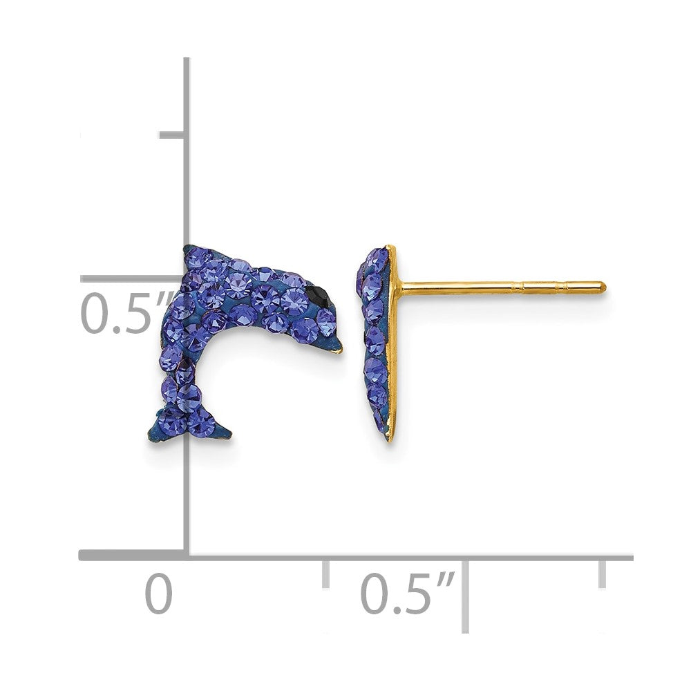14K Yellow Gold Crystal Blue Dolphin Post Earrings