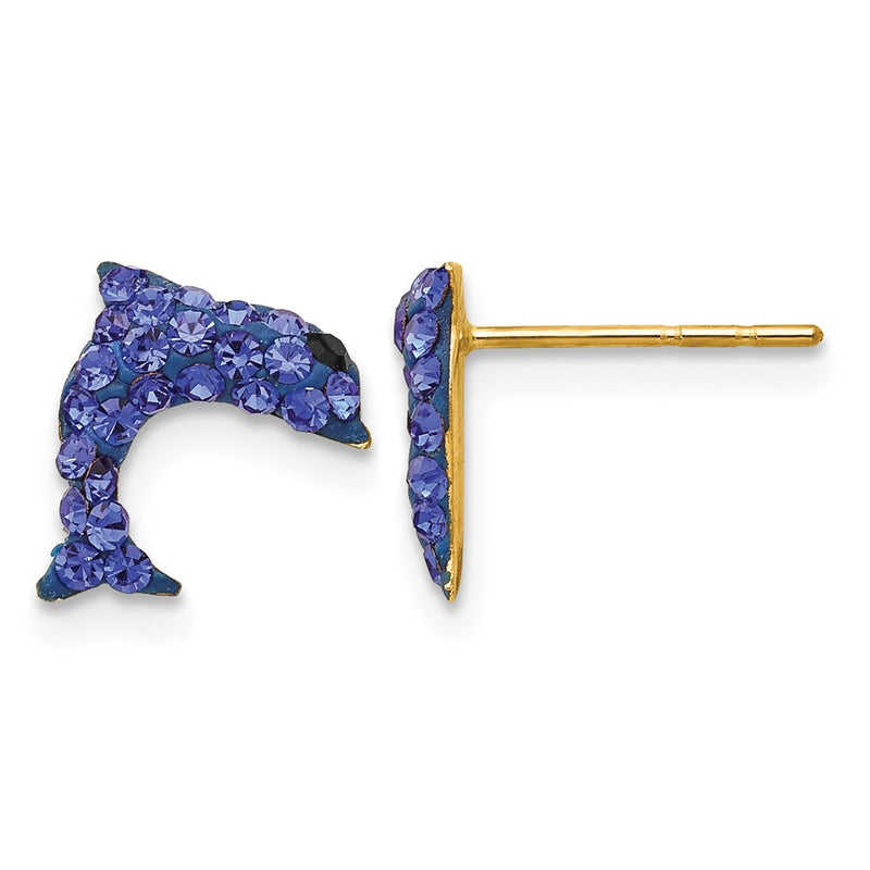 14K Yellow Gold Crystal Blue Dolphin Post Earrings