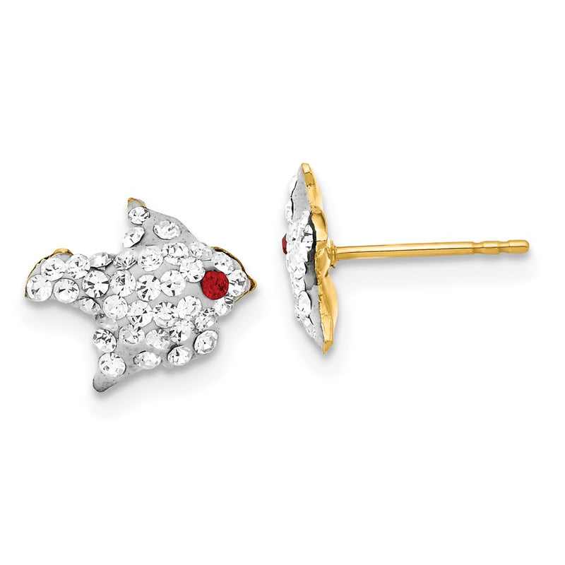 14K Yellow Gold Red & Clear Crystal Bird Post Earrings