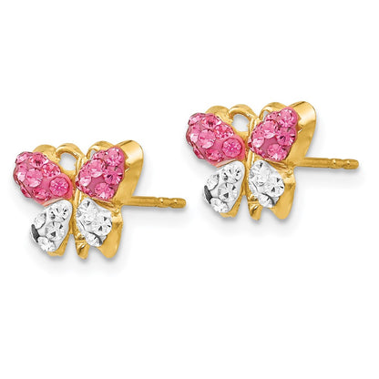 14K Yellow Gold Pink/white Crystal Butterfly Post Earrings