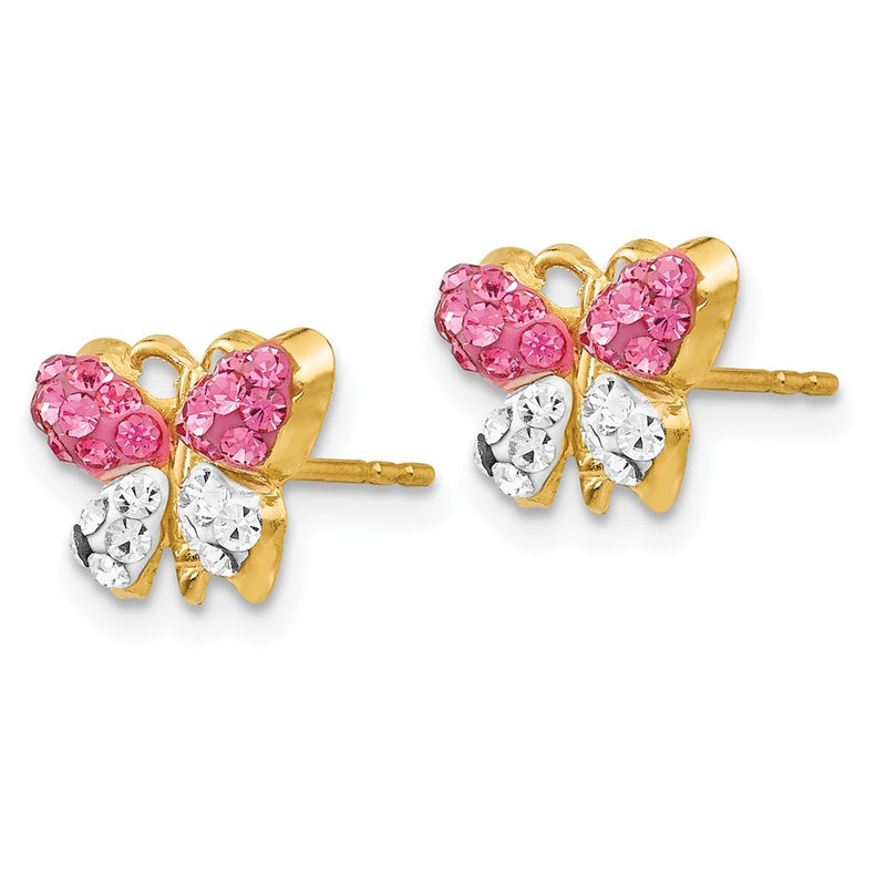 14K Yellow Gold Pink/white Crystal Butterfly Post Earrings