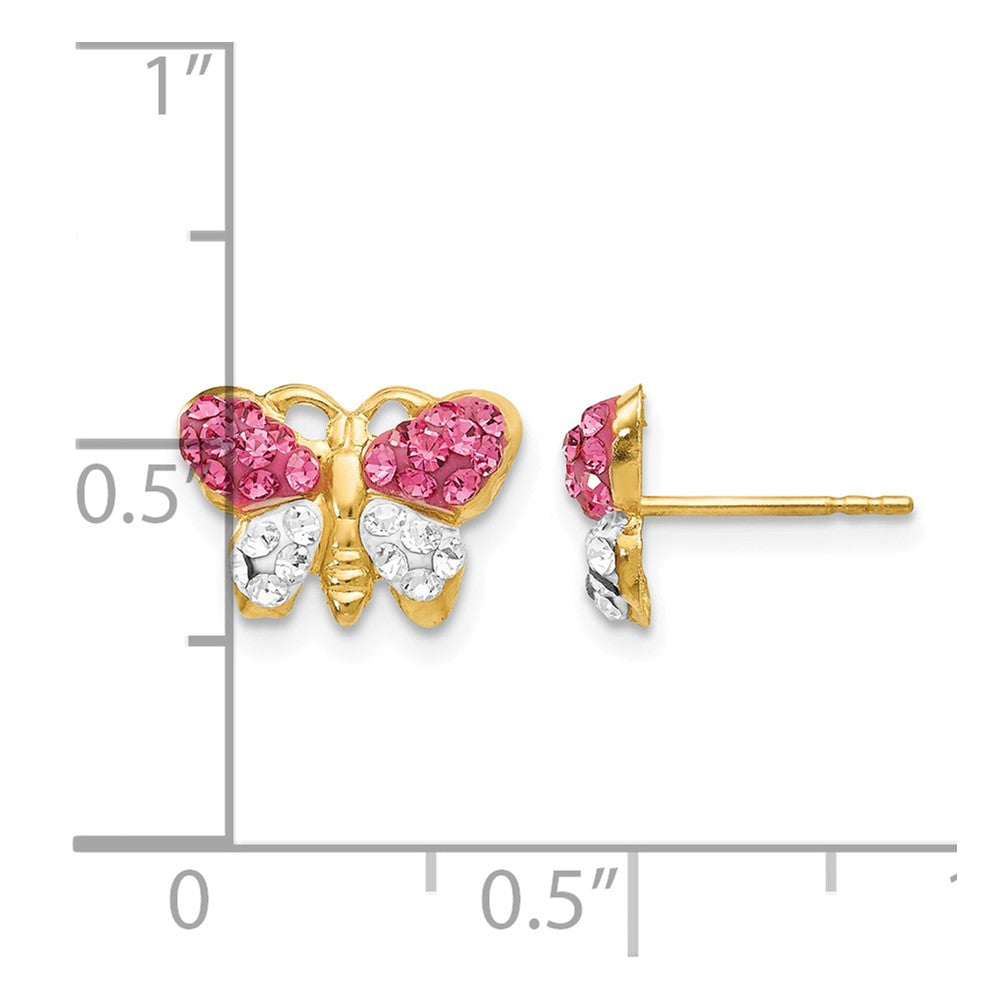 14K Yellow Gold Pink/white Crystal Butterfly Post Earrings