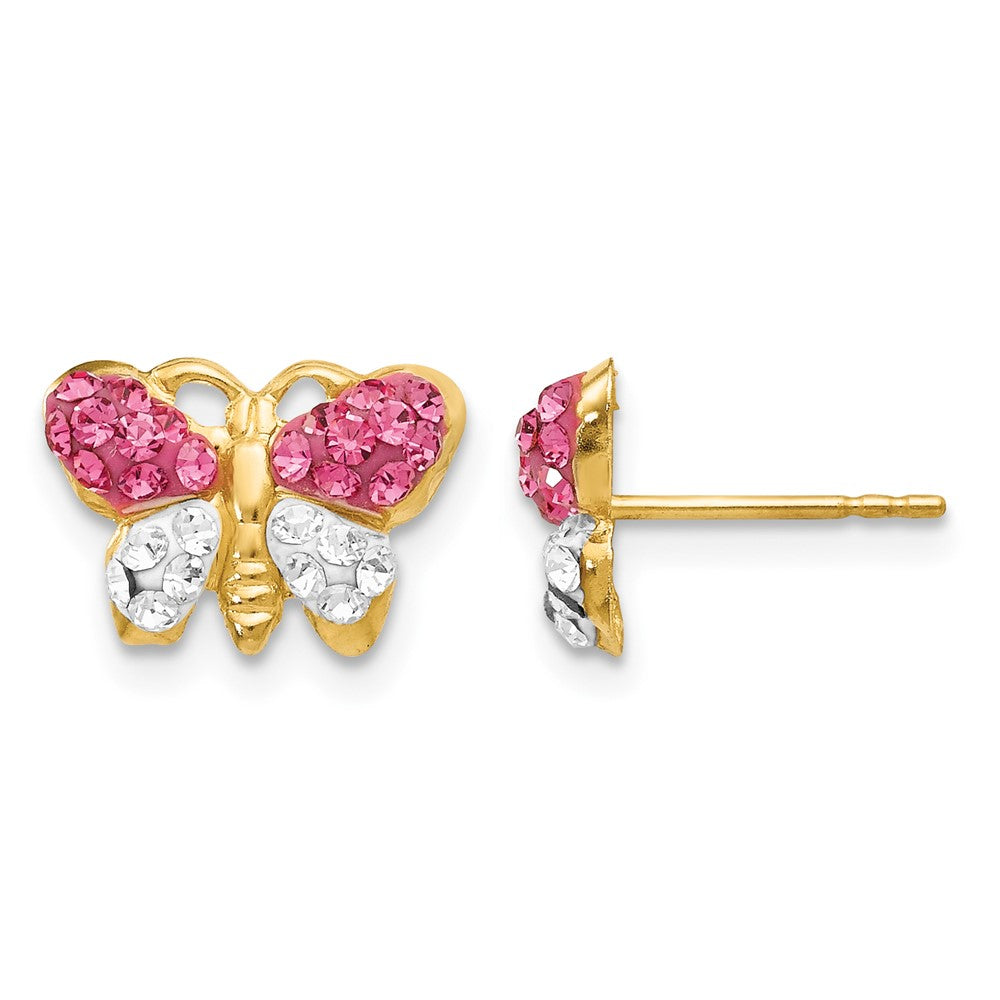 14K Yellow Gold Pink/white Crystal Butterfly Post Earrings