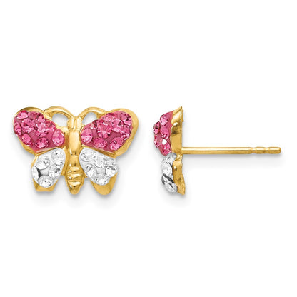 14K Yellow Gold Pink/white Crystal Butterfly Post Earrings