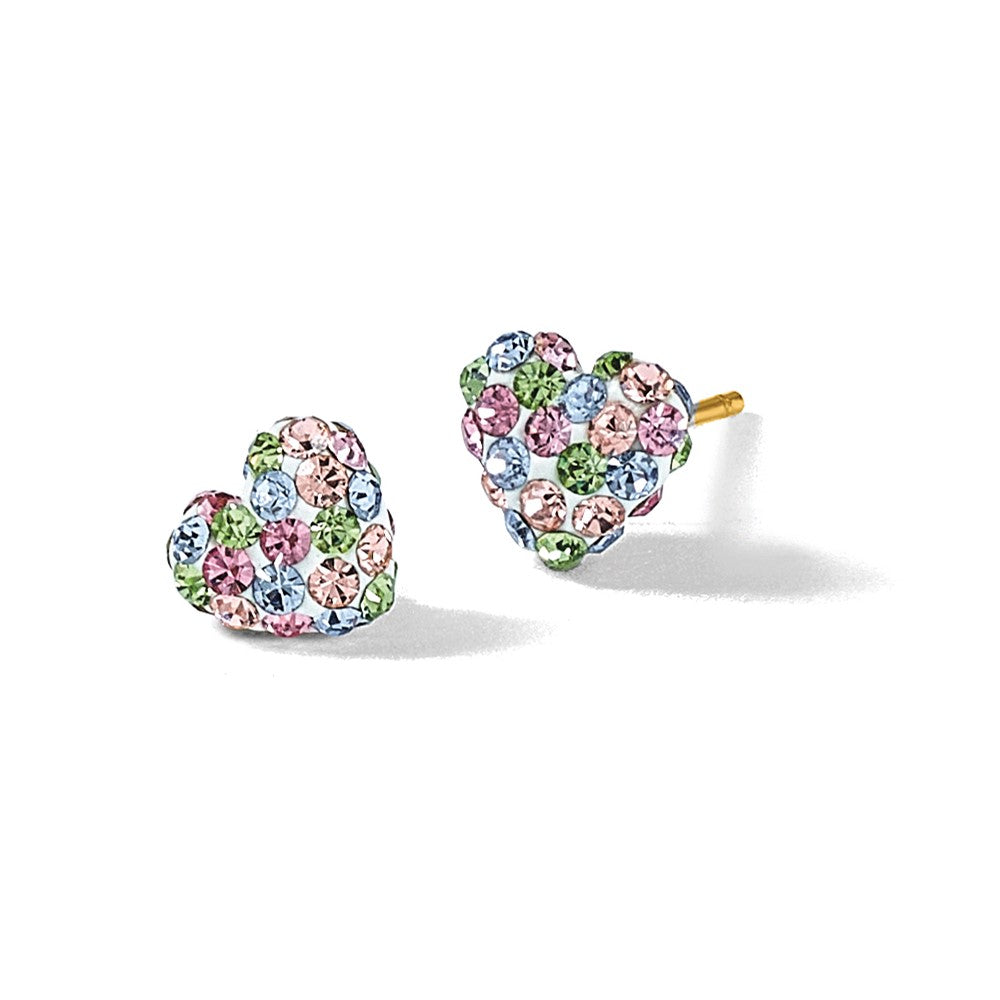 14K Yellow Gold Pastel Multi-Colored Crystal 6mm Heart Post Earrings