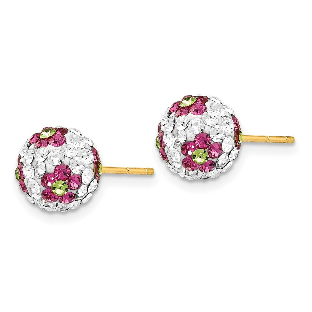 14K Yellow Gold Crystal Pink Flowers 8mm Post Earrings