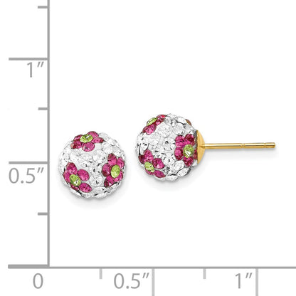14K Yellow Gold Crystal Pink Flowers 8mm Post Earrings