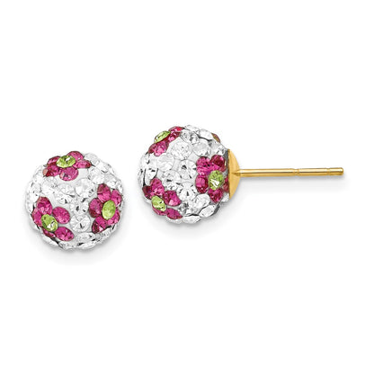 14K Yellow Gold Crystal Pink Flowers 8mm Post Earrings