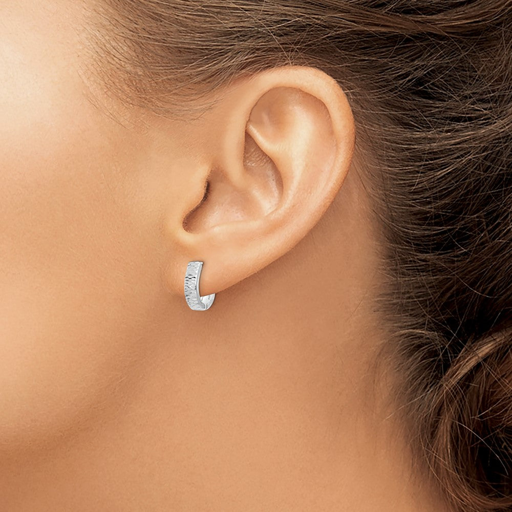14K White Gold Textured And Polished Hinged Hoop Earrings