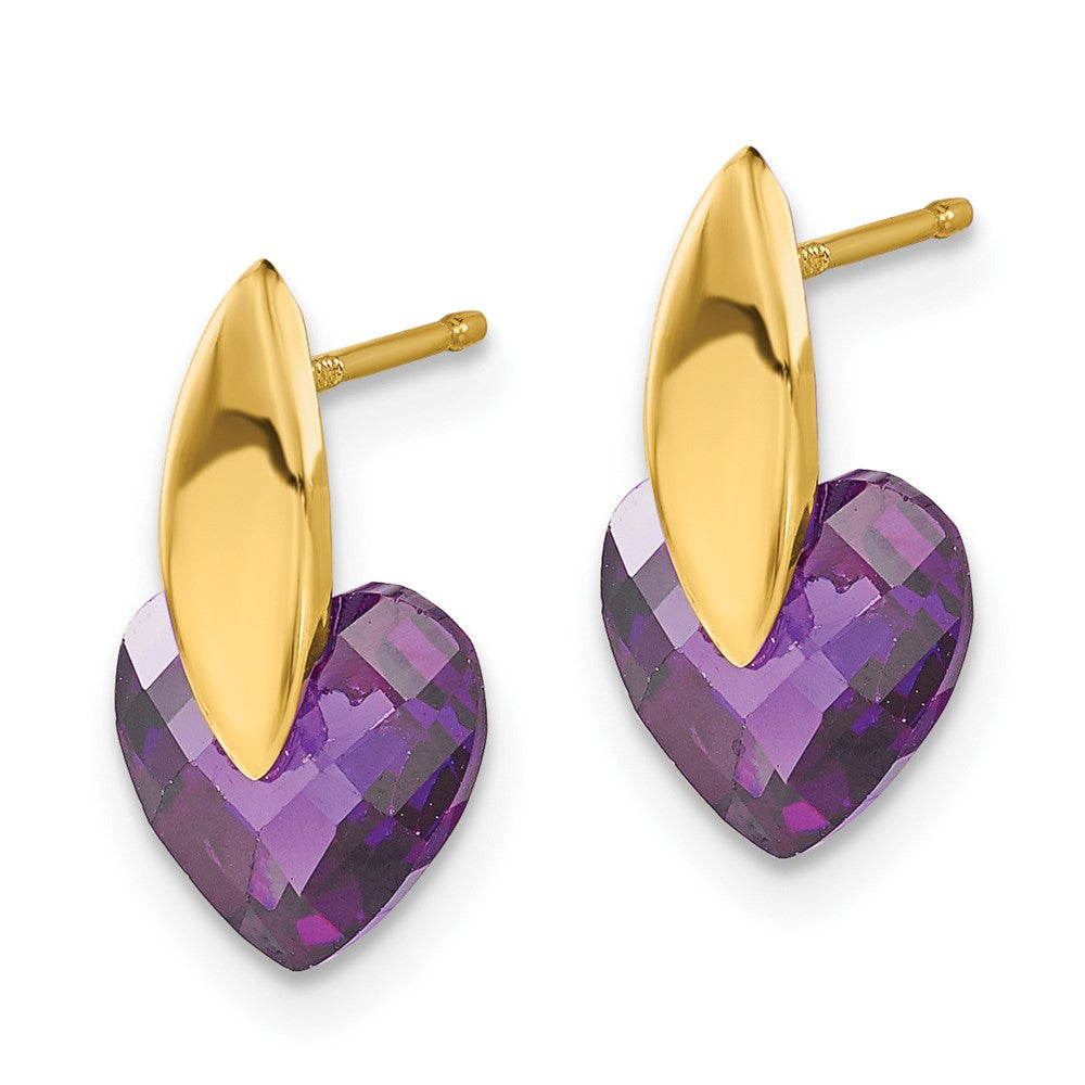 14K Yellow Gold 14Ky Polished Purple Cz Heart Post Earrings