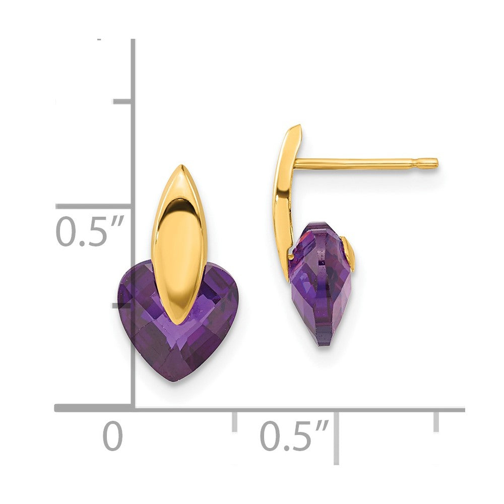 14K Yellow Gold 14Ky Polished Purple Cz Heart Post Earrings