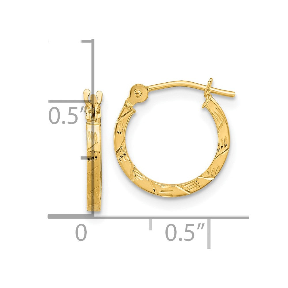14K Yellow Gold Polished Diamond Cut 1.5mm Square Tube Hoops