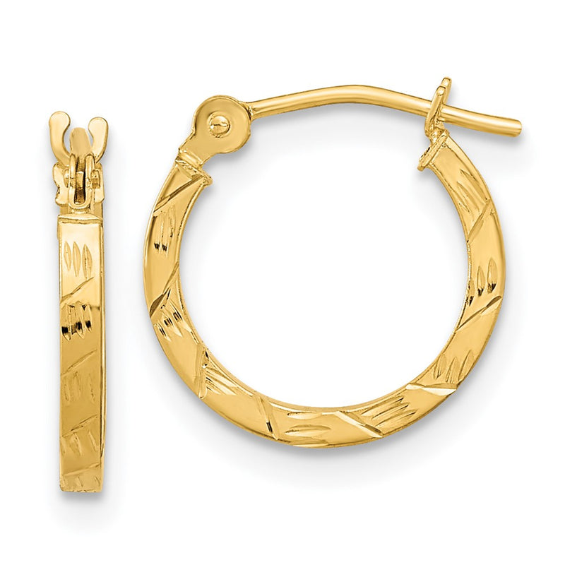 14K Yellow Gold Polished Diamond Cut 1.5mm Square Tube Hoops