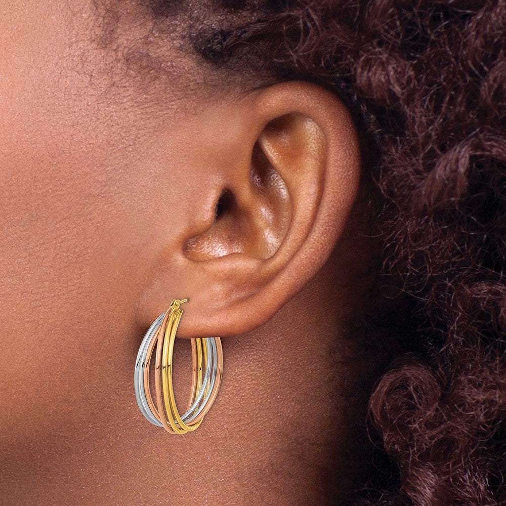 14K Tri Color Fancy Hollow Tube Hoops