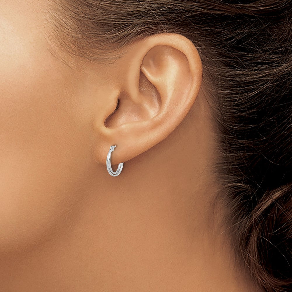 14K White Gold Polished Diamond Cut Double Hoops