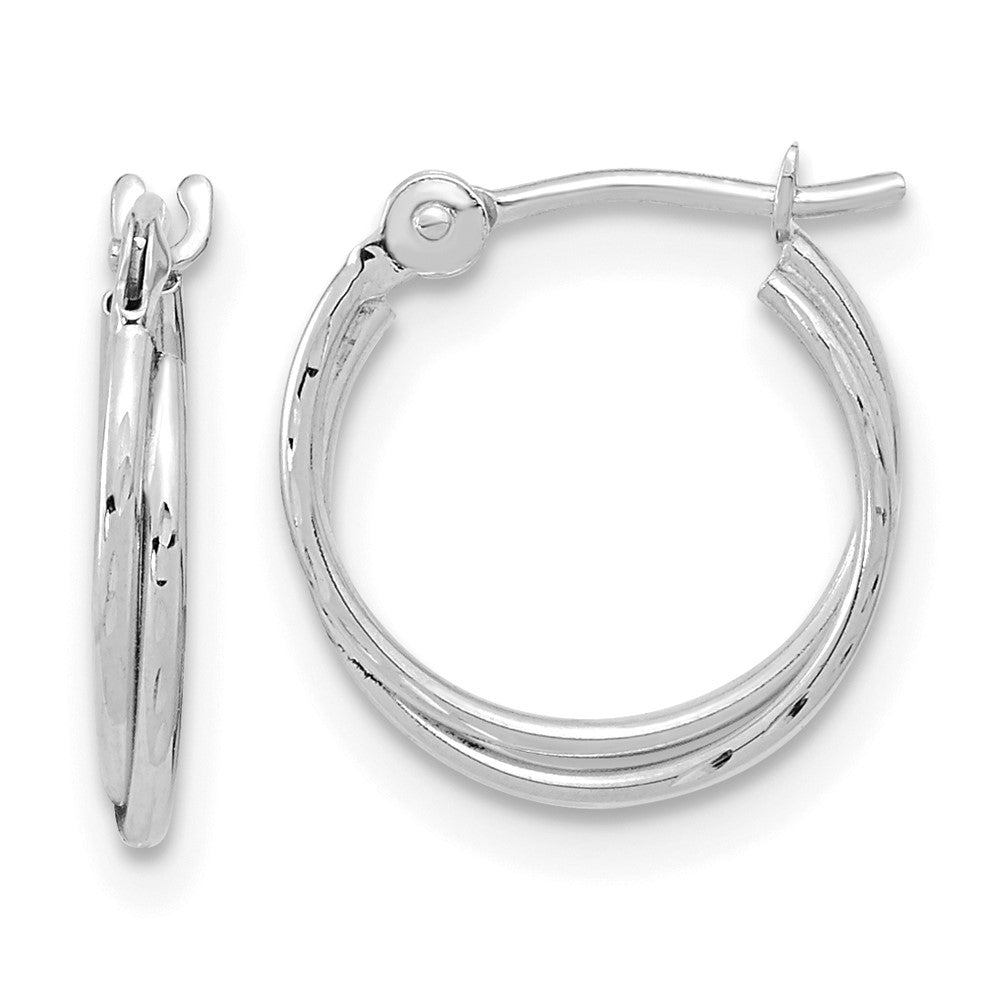 14K White Gold Polished Diamond Cut Double Hoops