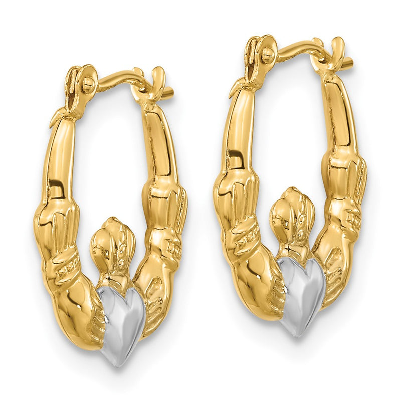 14K Yellow & Rhodium White Polished Claddagh Hoops