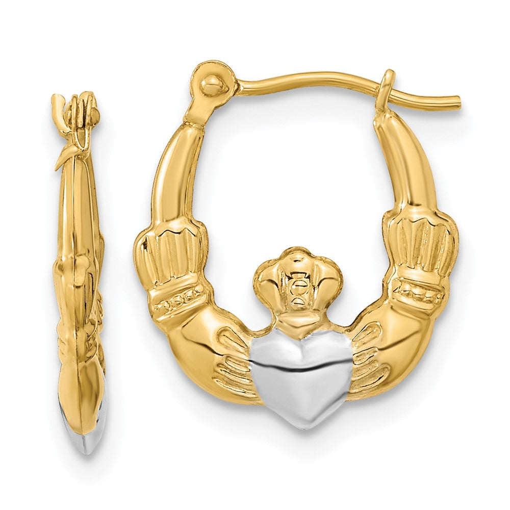 14K Yellow & Rhodium White Polished Claddagh Hoops