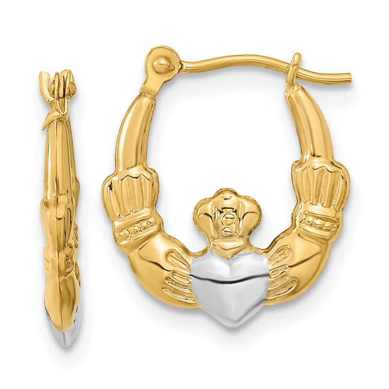 14K Yellow & Rhodium White Polished Claddagh Hoops