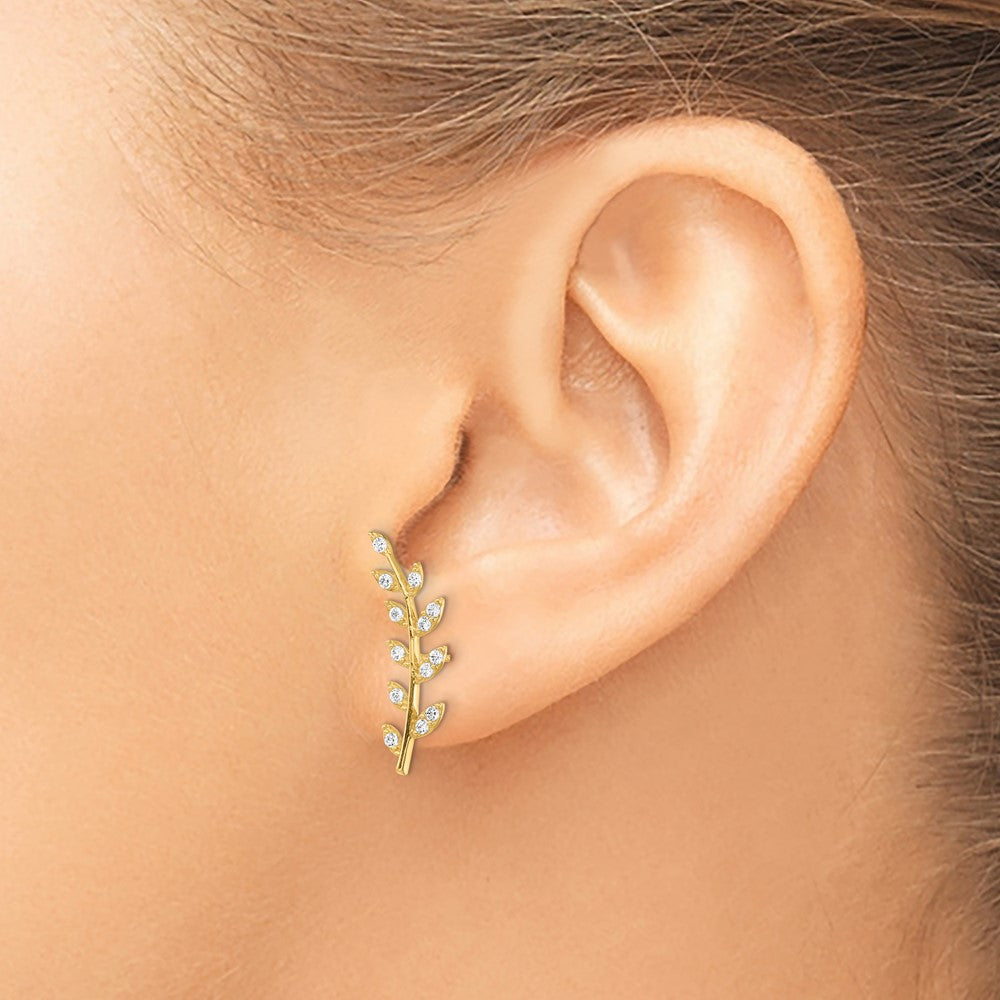 14K Yellow Gold CZ Fern Ear Climber Earrings