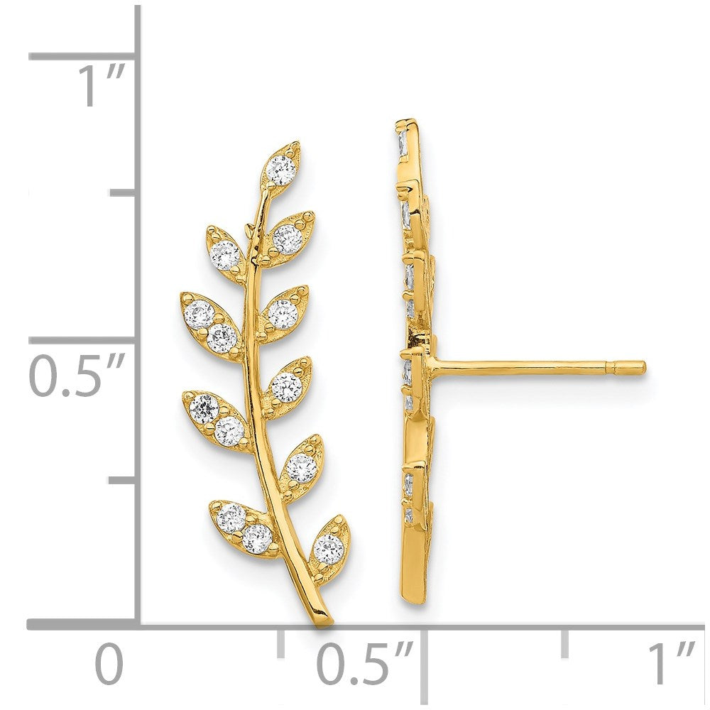 14K Yellow Gold CZ Fern Ear Climber Earrings