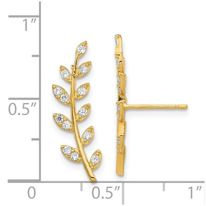 14K Yellow Gold CZ Fern Ear Climber Earrings