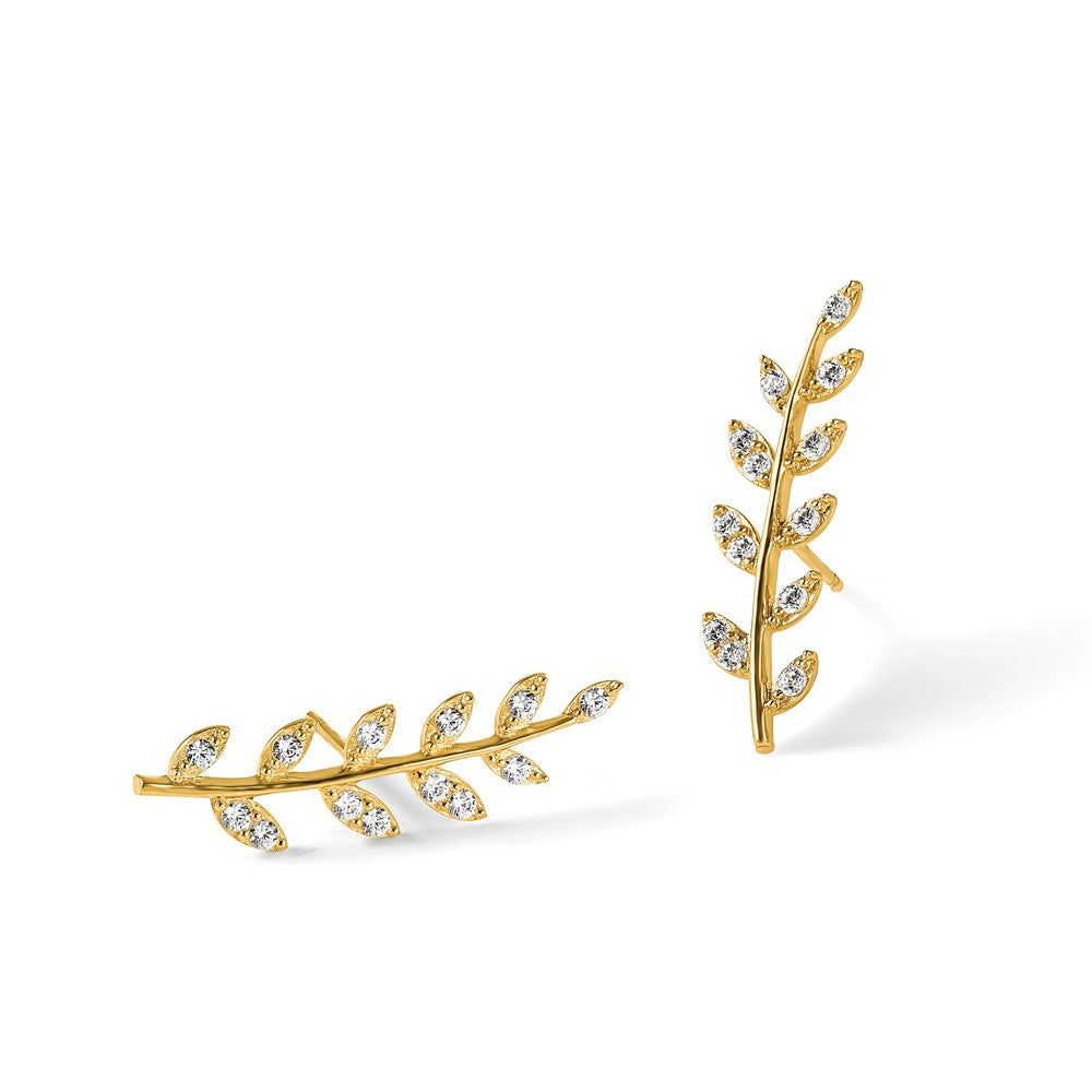 14K Yellow Gold CZ Fern Ear Climber Earrings