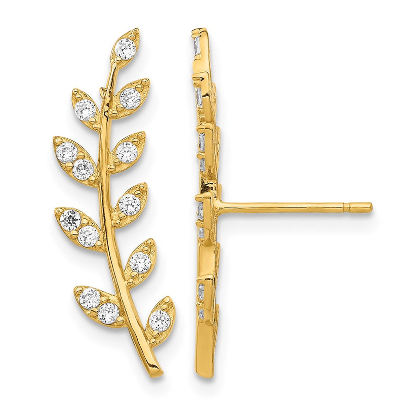 14K Yellow Gold CZ Fern Ear Climber Earrings