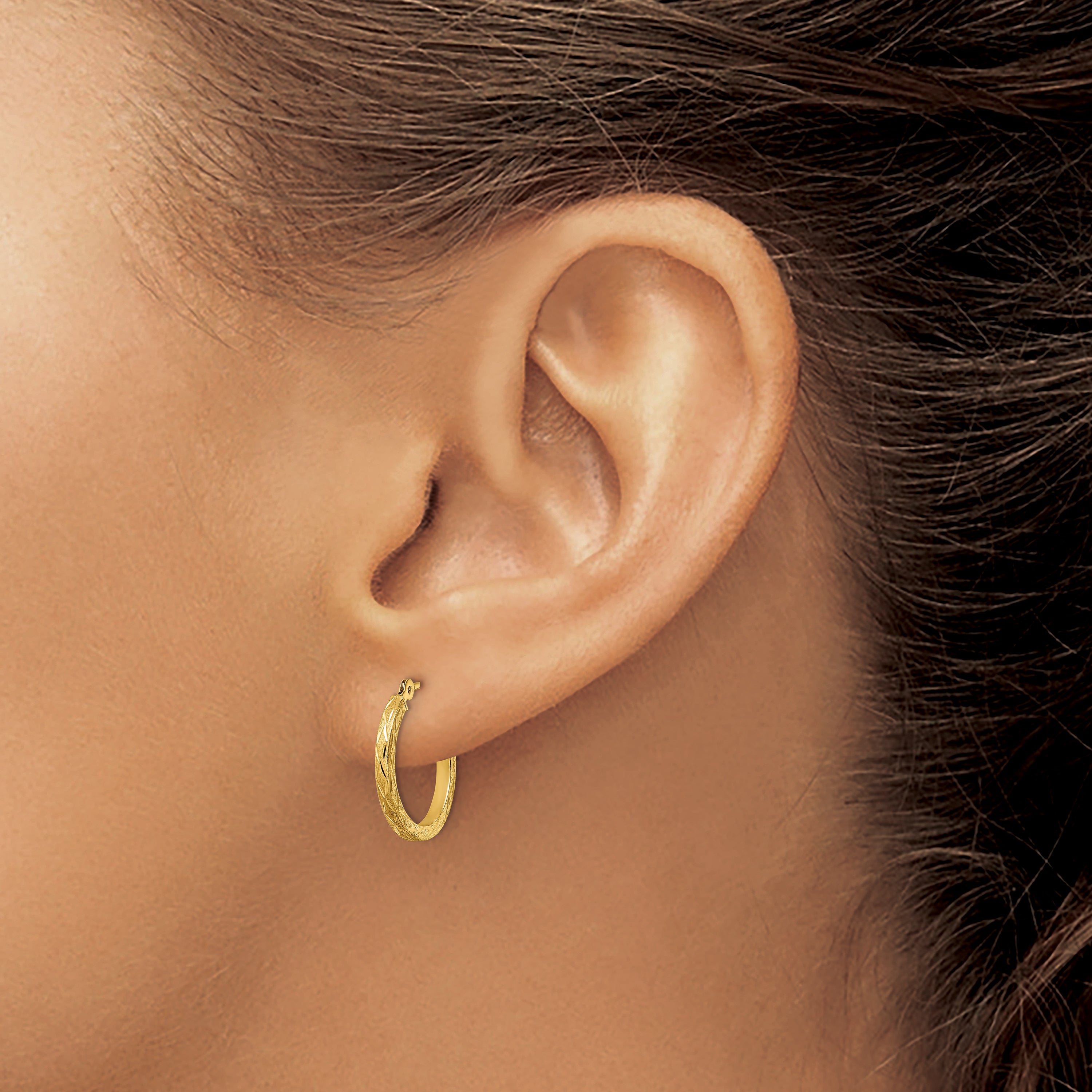 14K Yellow Gold Polished And Satin Diamond Cut Hoop Earrings