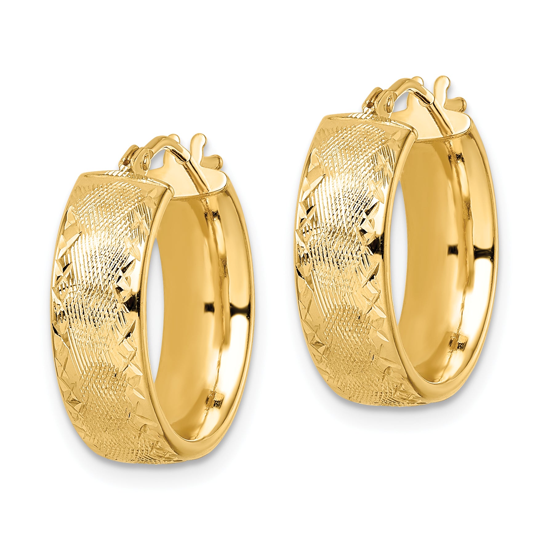 14K Yellow Gold Polished Textured Diamond Cut Hoop Earrings