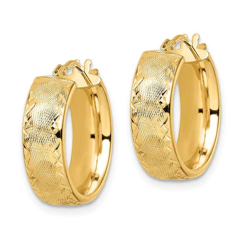 14K Yellow Gold Polished Textured Diamond Cut Hoop Earrings