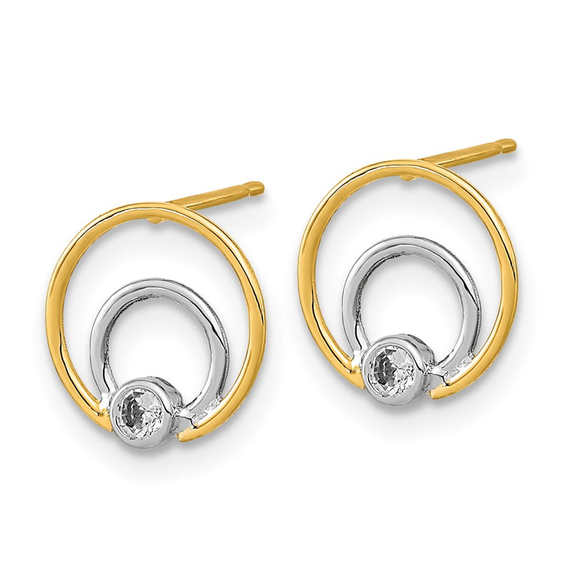 14K Yellow & Rhodium Polished White Cz Double Circle Post Earrings