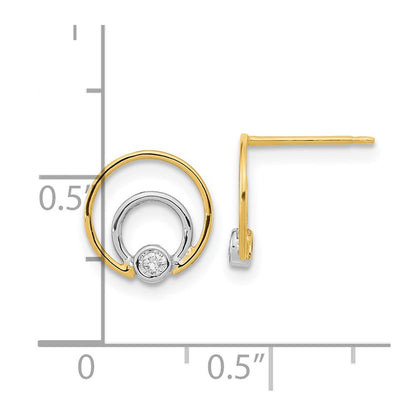 14K Yellow & Rhodium Polished White Cz Double Circle Post Earrings