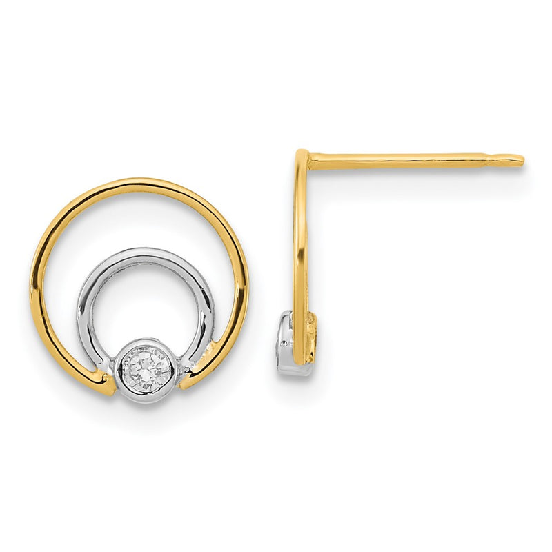 14K Yellow & Rhodium Polished White Cz Double Circle Post Earrings