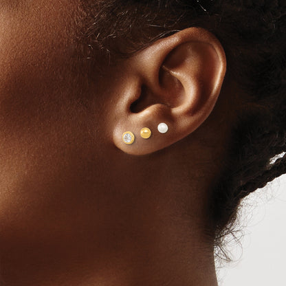 14K Yellow Gold Polished Set Of Ball Post Pearl And Cz Bezel 3 Pair Earrings