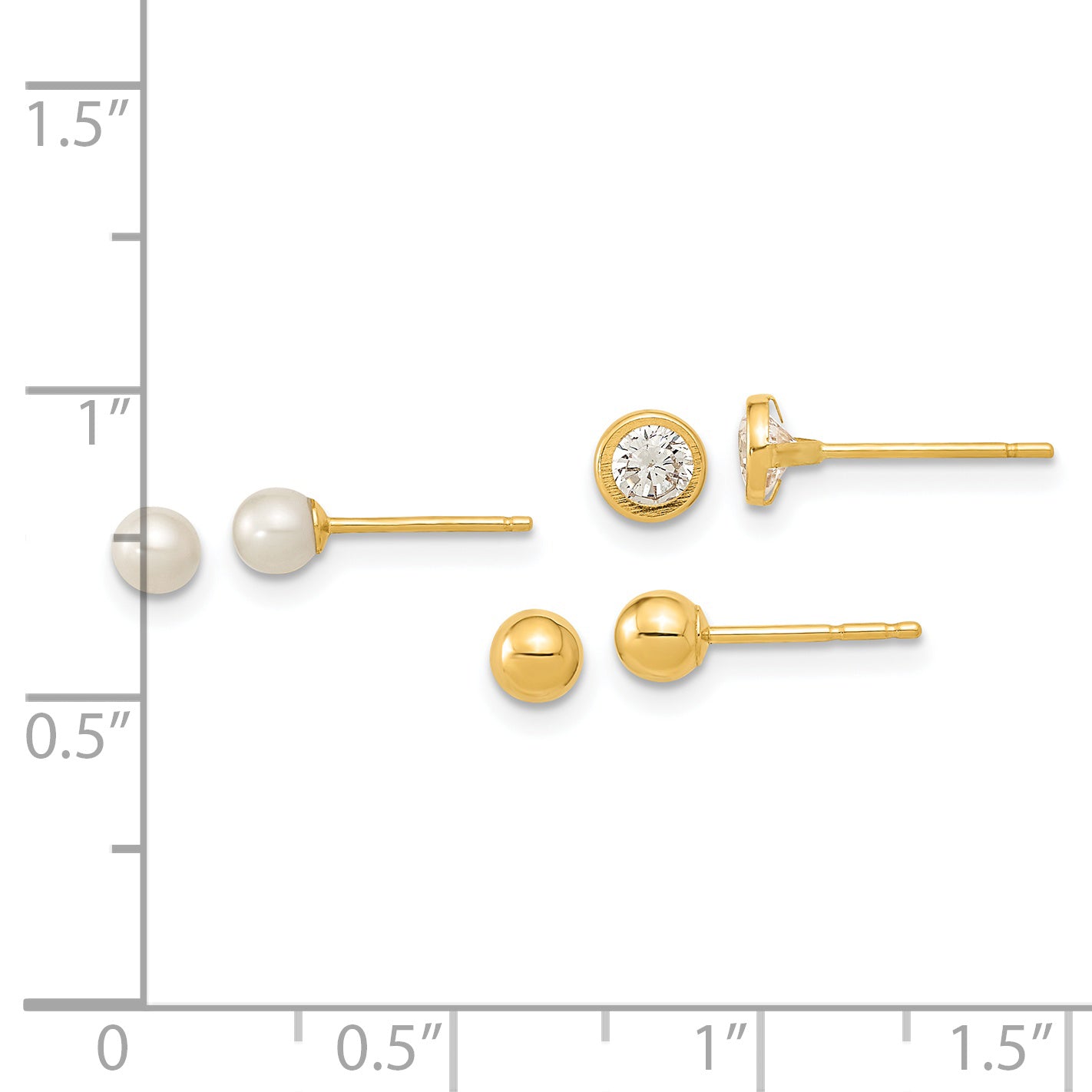 14K Yellow Gold Polished Set Of Ball Post Pearl And Cz Bezel 3 Pair Earrings