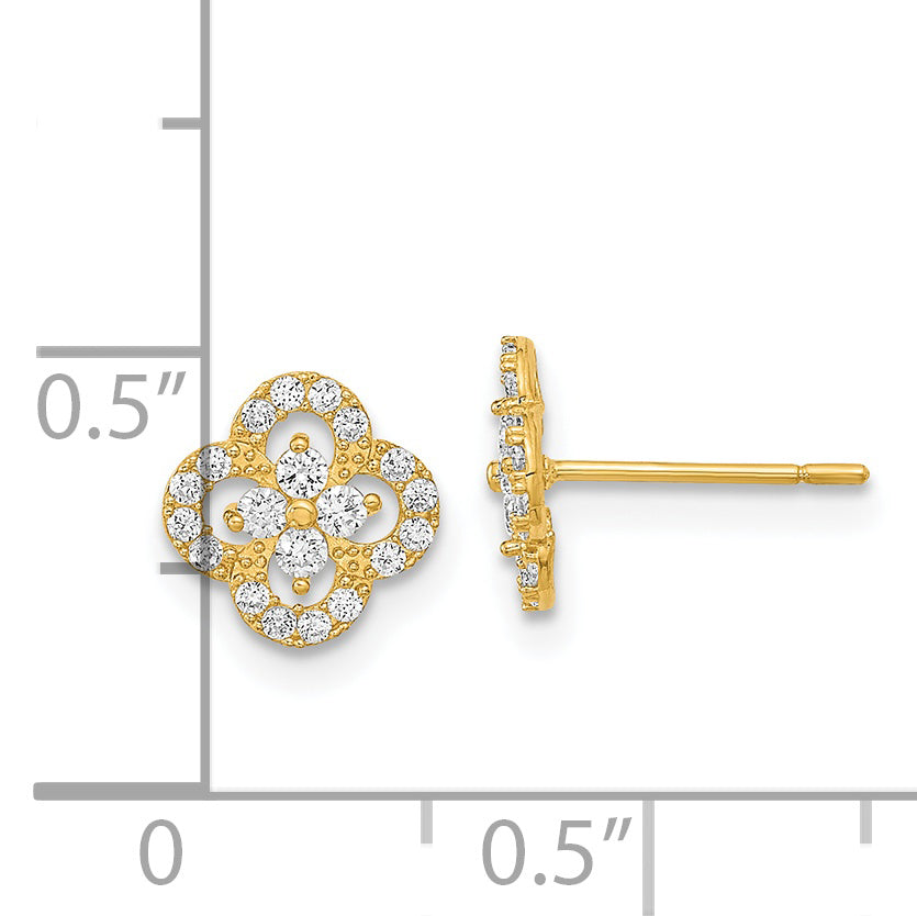 14K Yellow Gold Polished Flower Cz Post Earrings