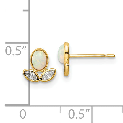 14K Yellow Gold Cz & Created Opal Post Earrings