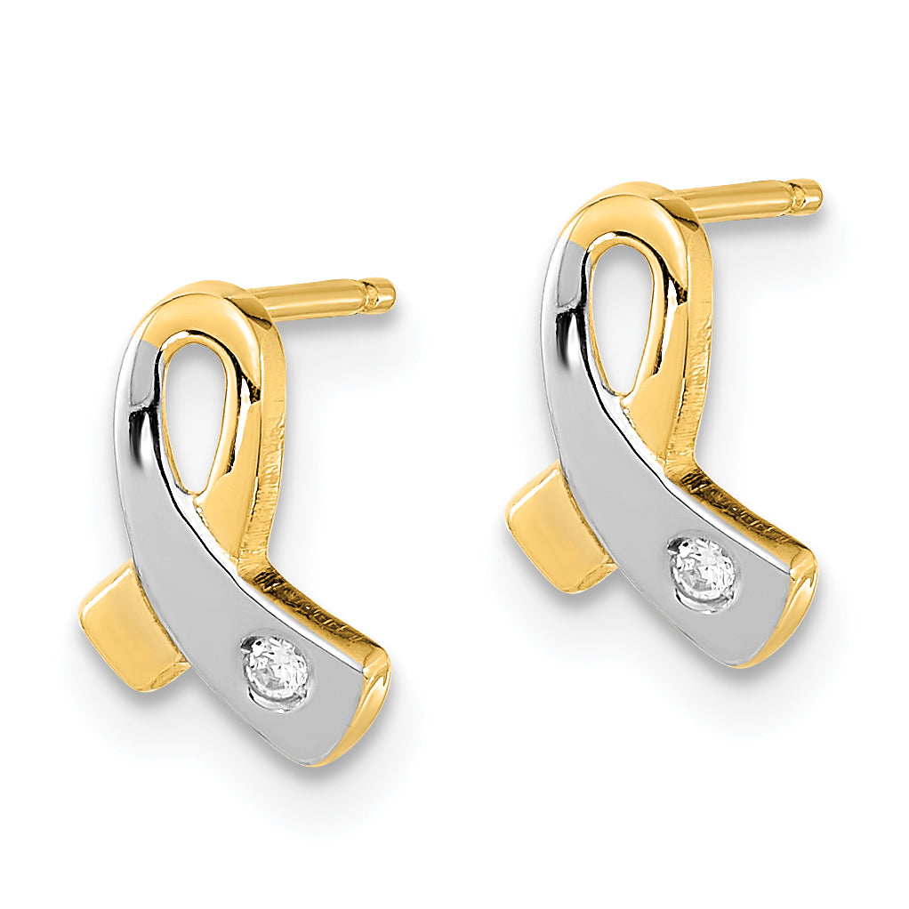 14K Yellow & Rhodium Gold White Cz Awareness Post Earrings