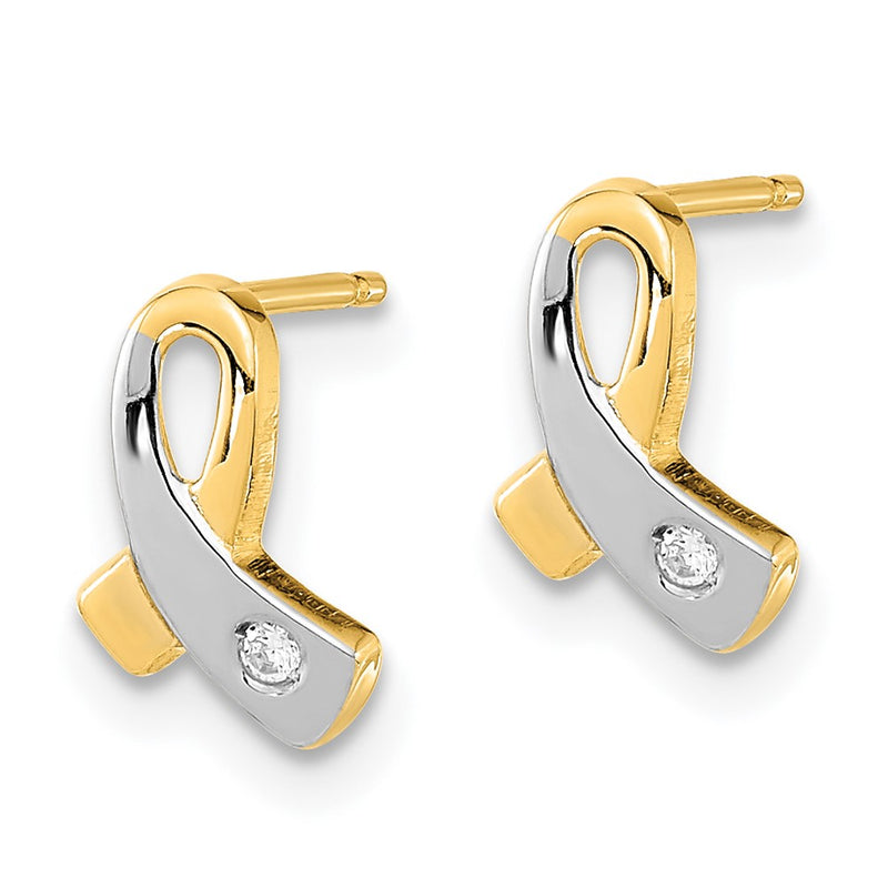 14K Yellow & Rhodium Gold White Cz Awareness Post Earrings